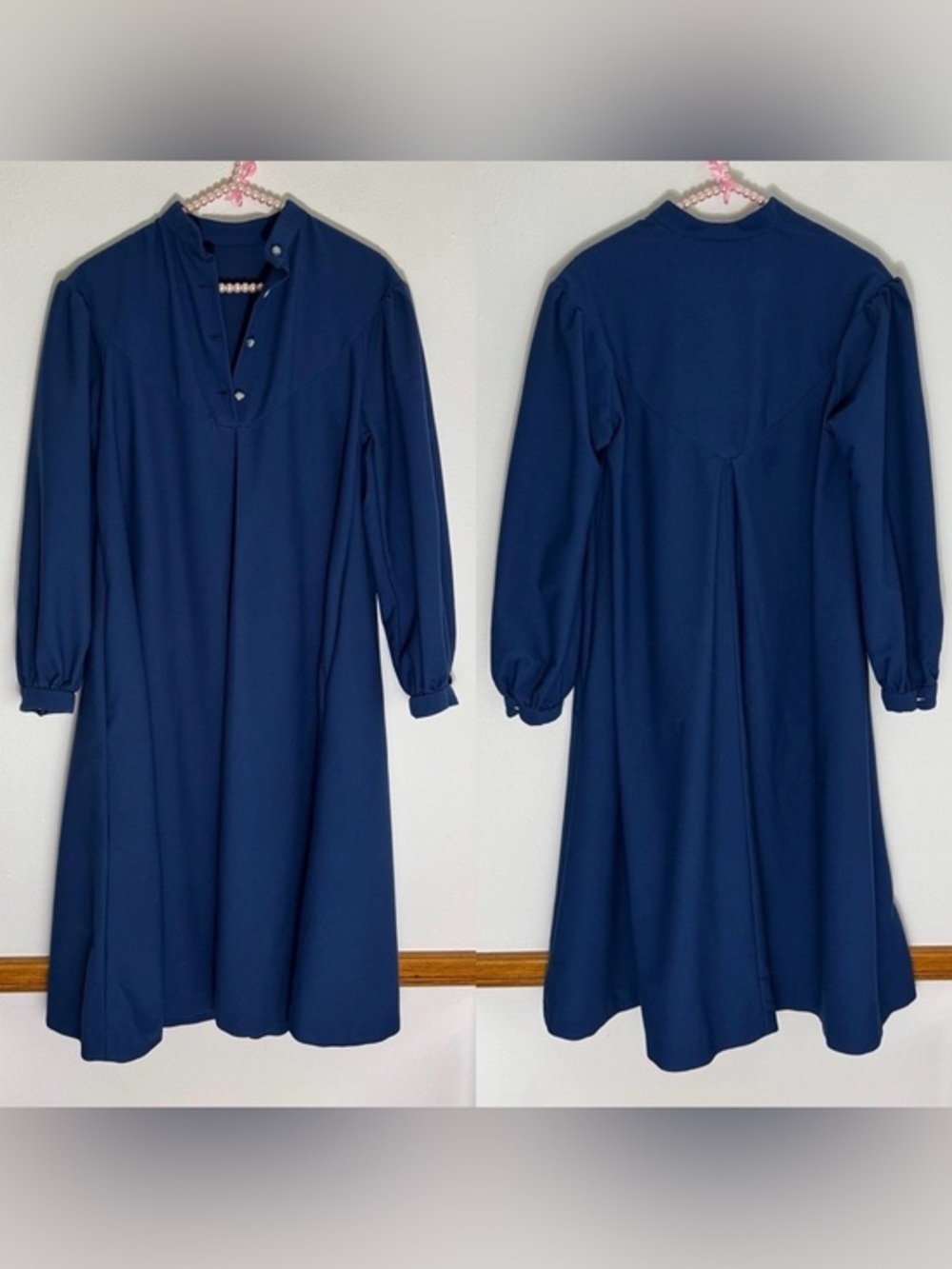 Vintage style navy blue long sleeved dress with floral buttons